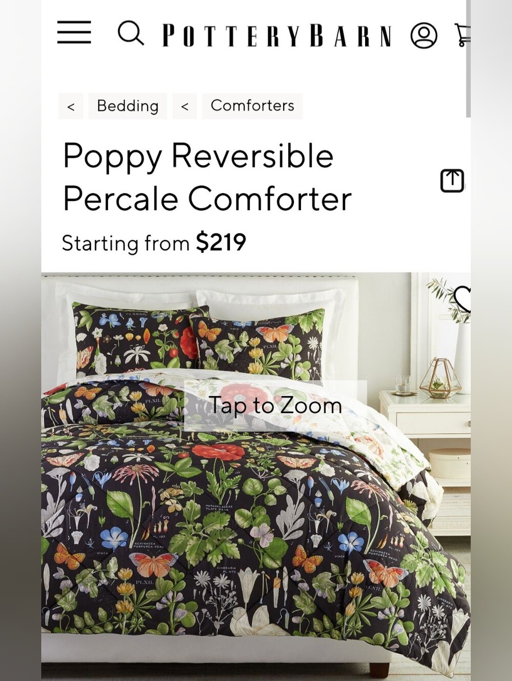 Pottery Barn King Botanical Duvet Cover Dark Ground Floral Butterfly 100% Cotton